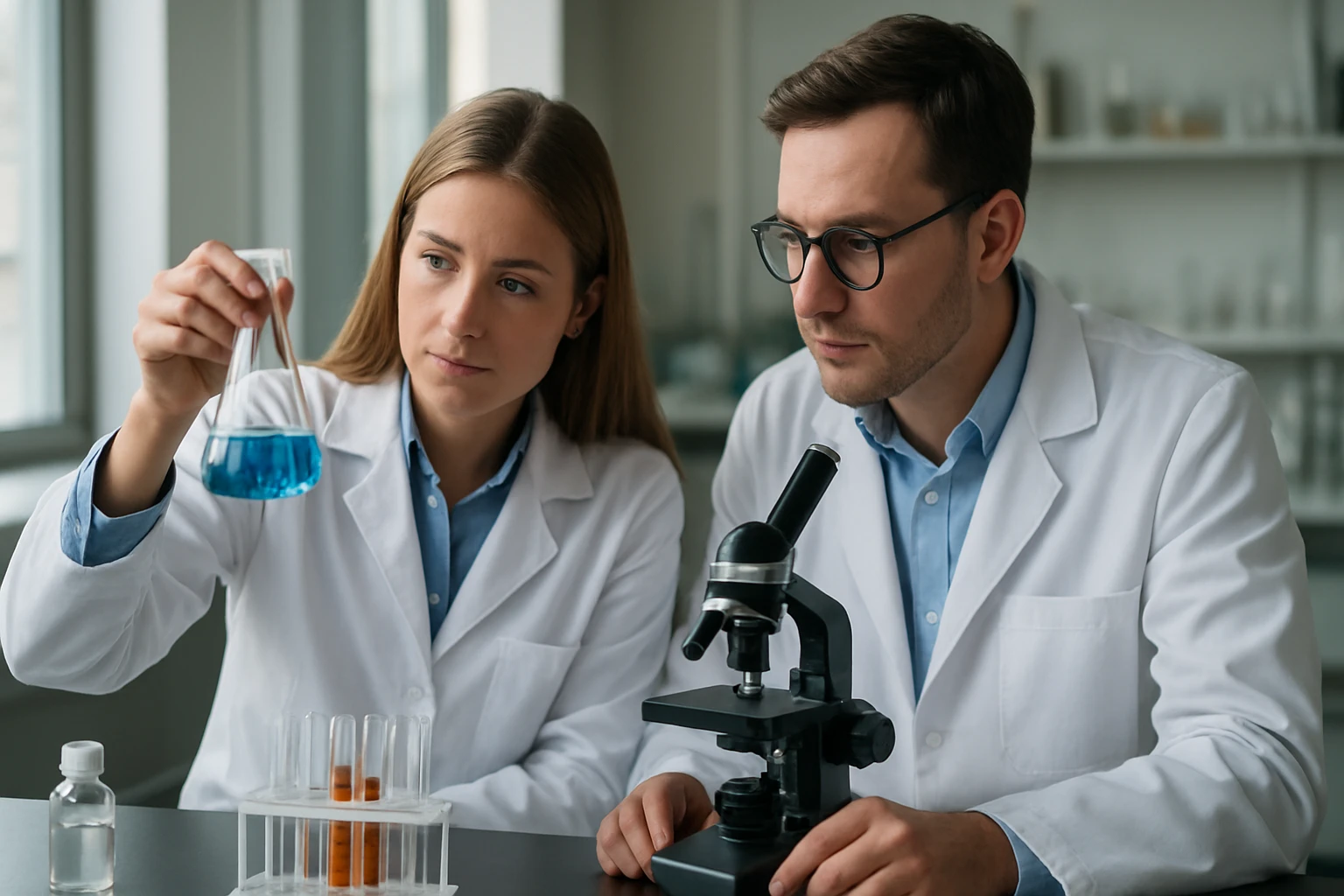 Két tudós laboratóriumban poliszorbát 50 vizsgálata közben.