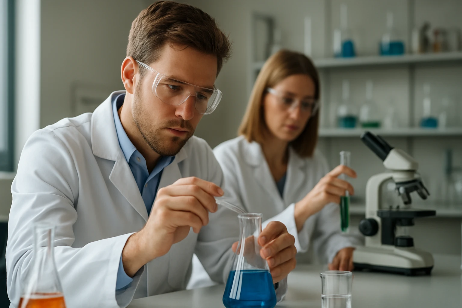 Két tudós laboratóriumi kísérleteket végez poliszorbát 60 kutatás során.