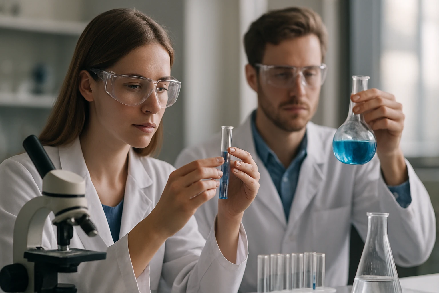 Két vegyész laboratóriumban kémiai kísérletet végez zöld folyadékkal.