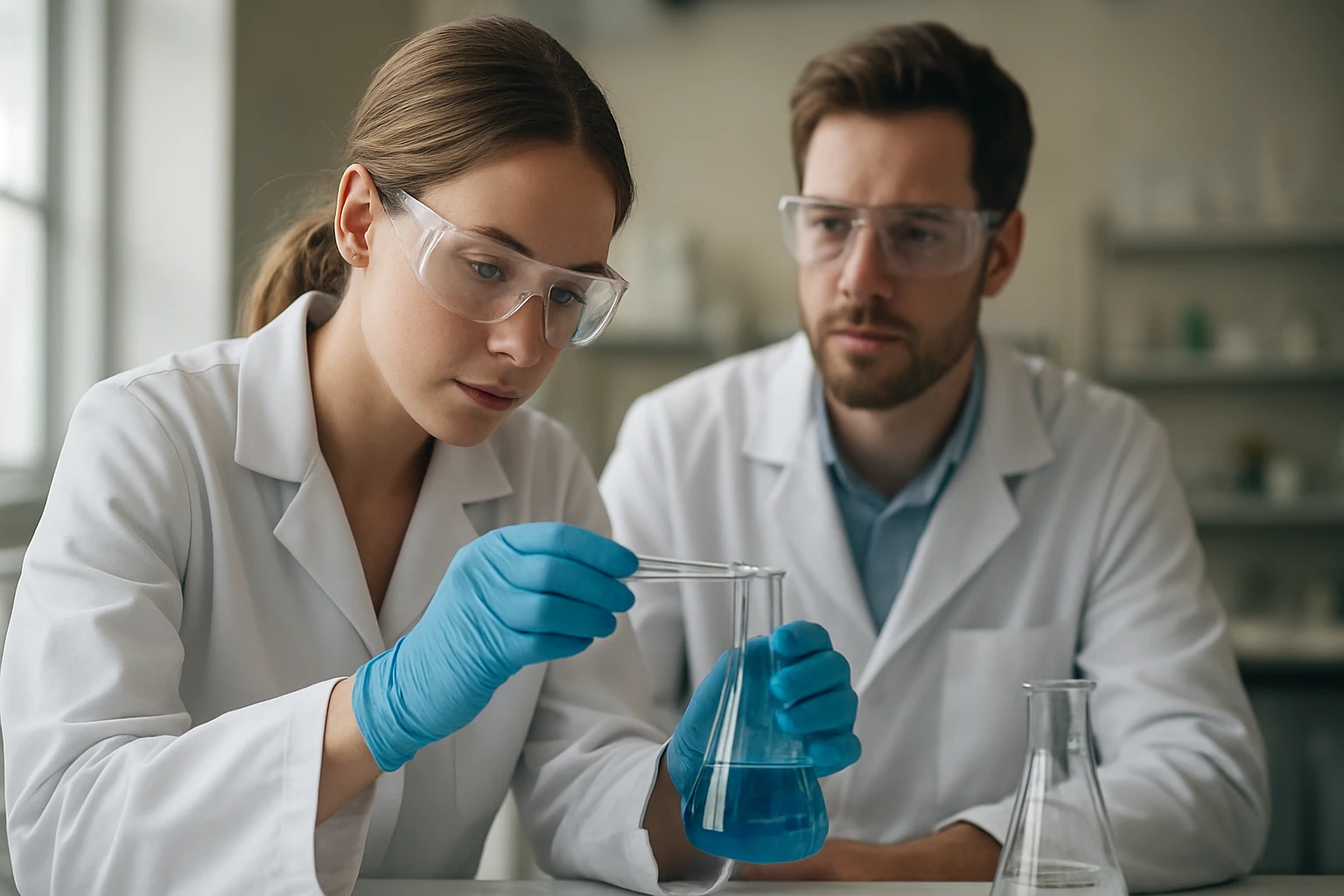 Két tudós kémiai kísérletet végez egy laboratóriumban