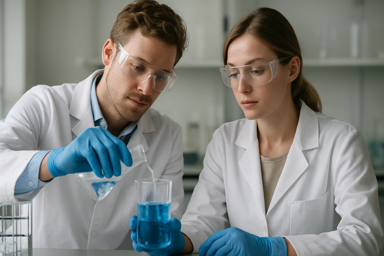 Kémiai kísérlet folyamatban laboratóriumi környezetben