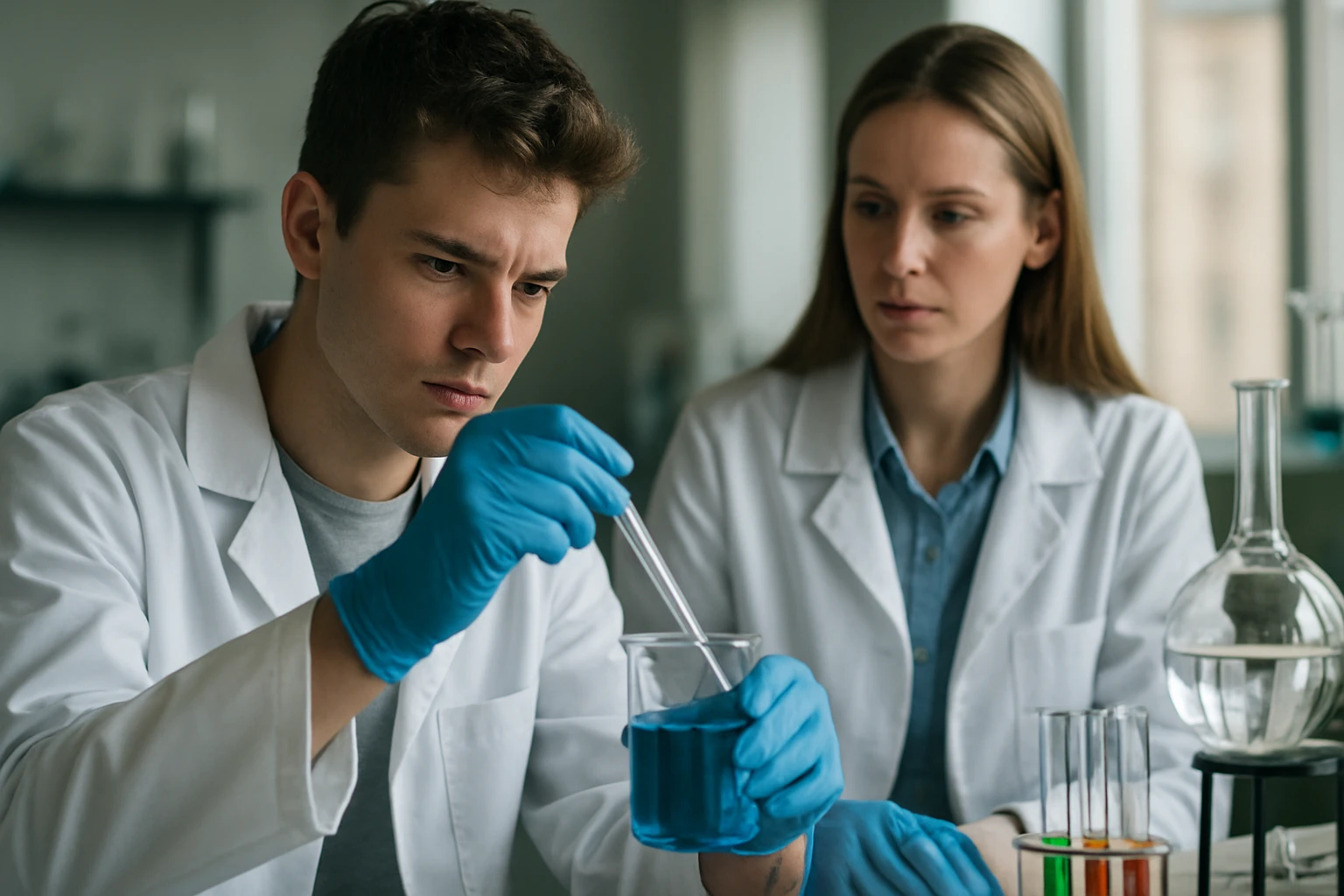 Két kutató laboratóriumban polivinil-alkohollal végzett kísérletet mutat be.