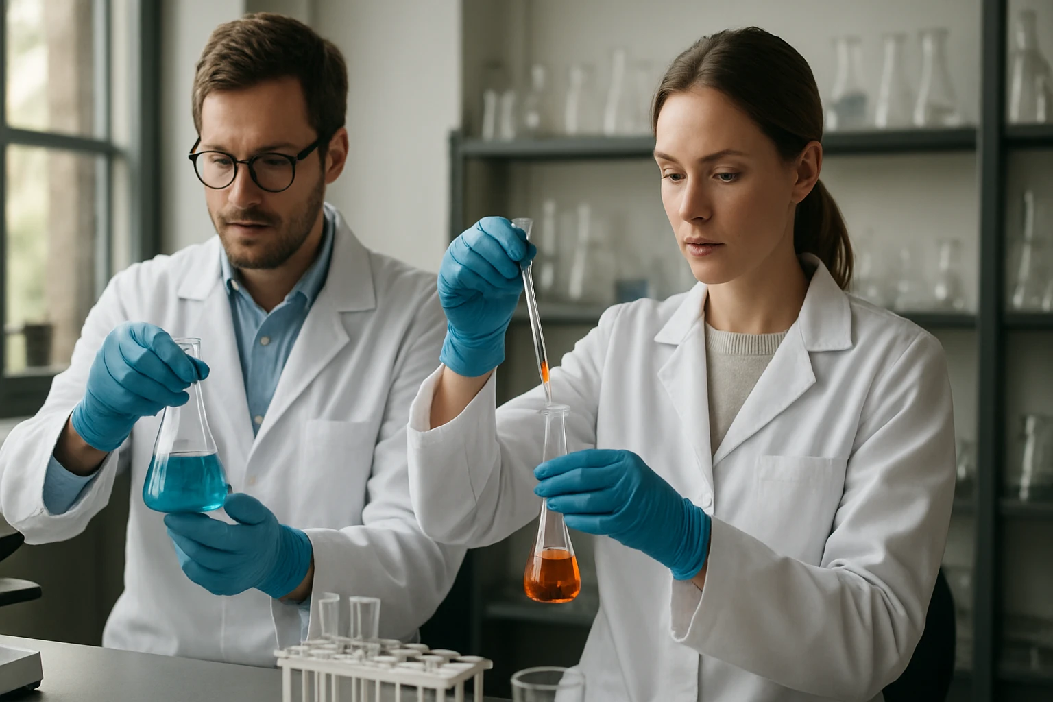 Két kutató mikrokémiai kísérletet végez egy laborban.