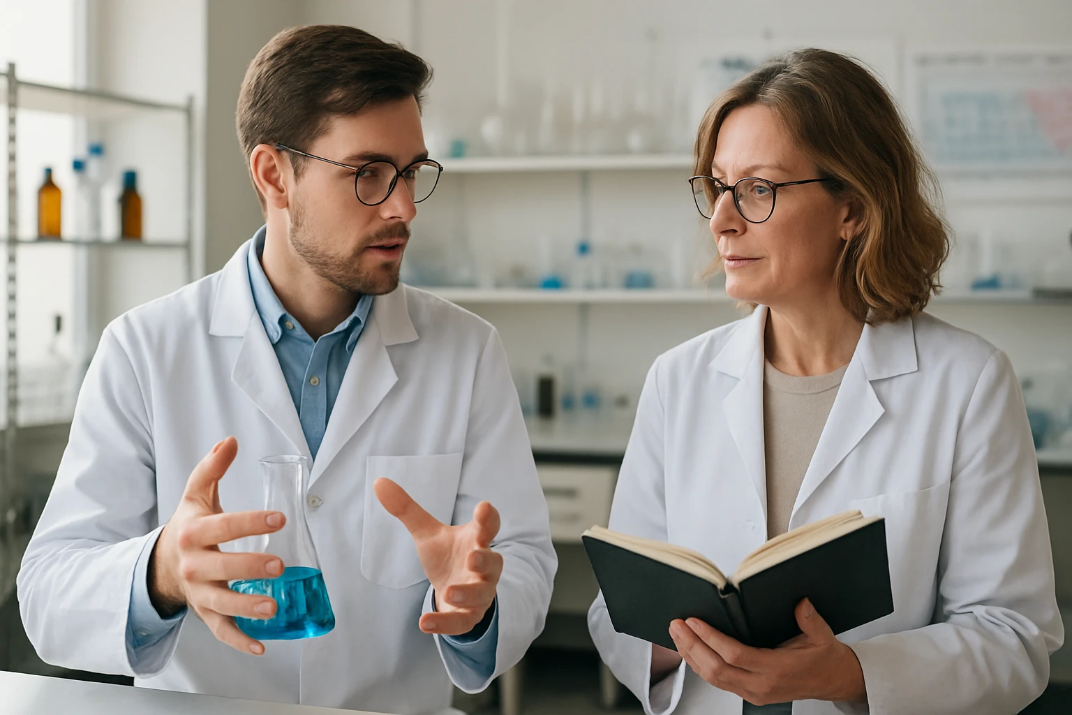 Polónium: Tulajdonságai, Előfordulása és Radioaktív Jellemzői Két tudós beszélgetés kémiai kísérletek közben laboratóriumban.