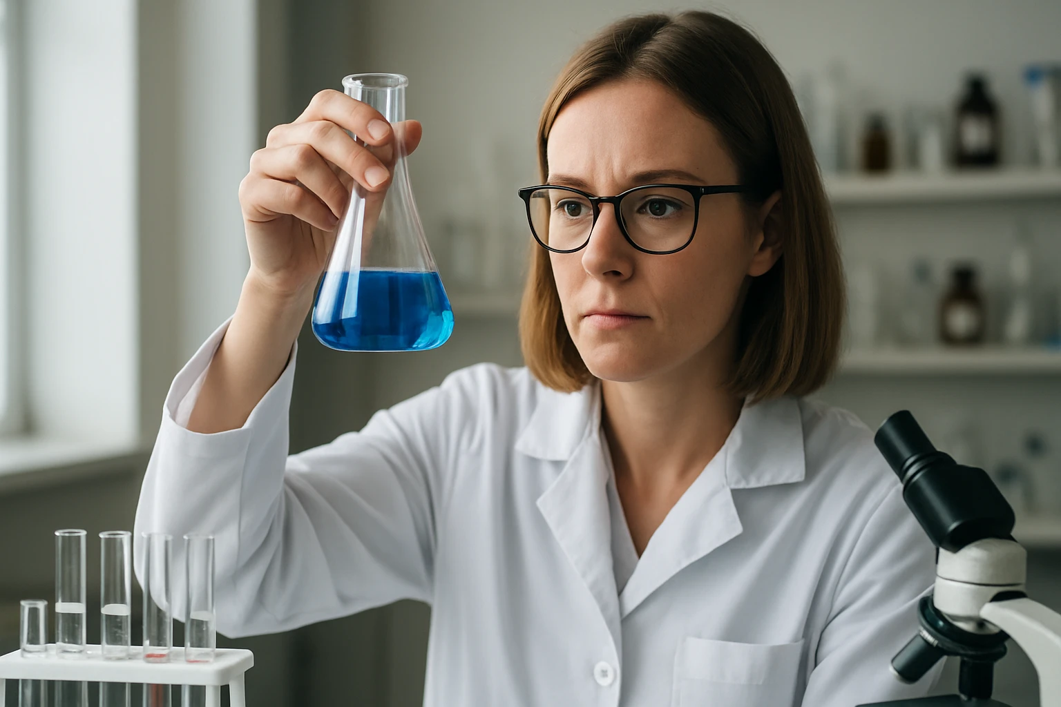 Kémikus kék oldatú erlenmeyer edényt tart a laborban.