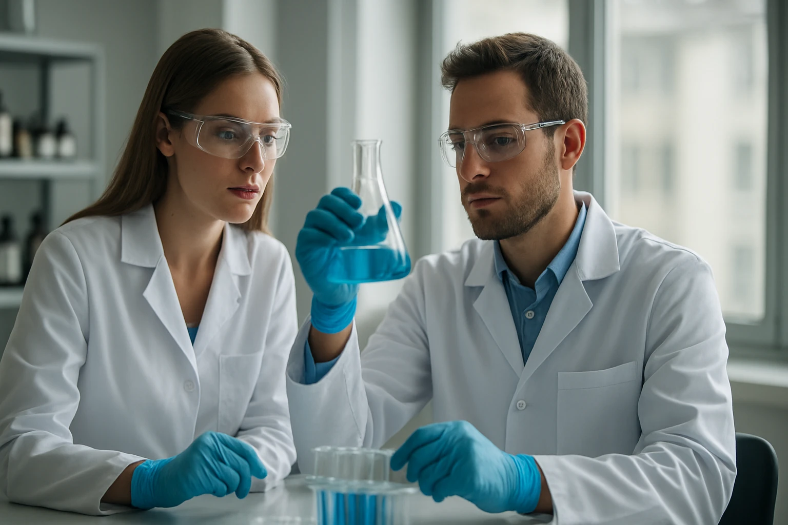 Két kutató laboratóriumban prolin aminosavat vizsgálva