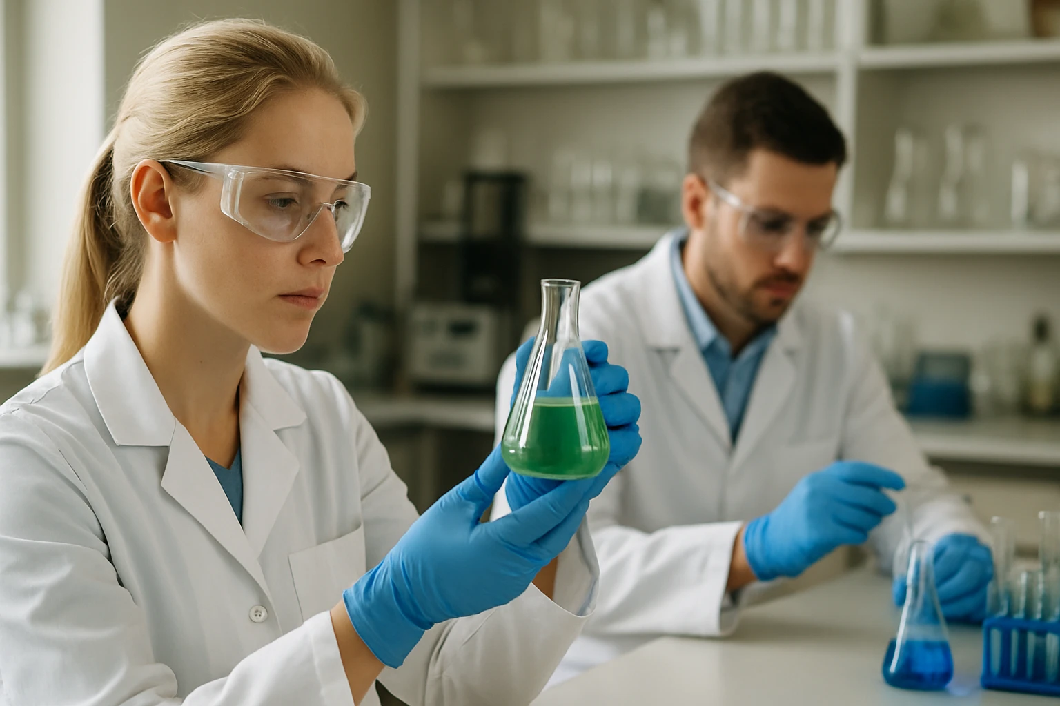 Két kémikus laboratóriumban dolgozik, zöld folyadékot vizsgálnak