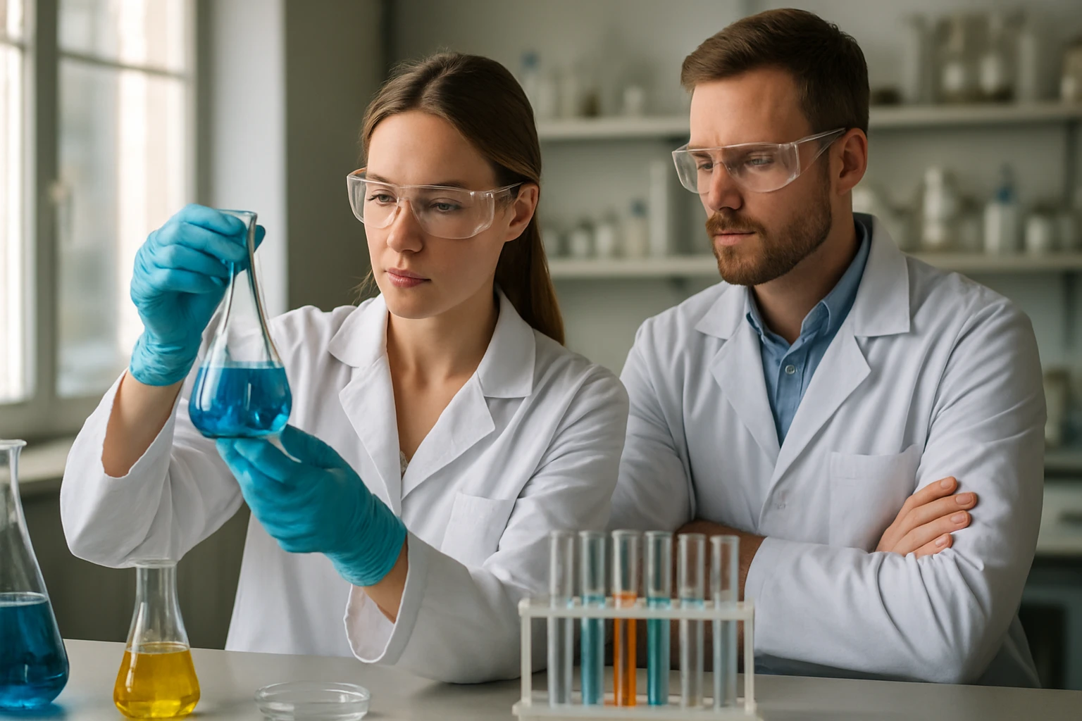 Két vegyész laboratóriumban, különböző kémiai oldatokkal végzik a kísérletet.
