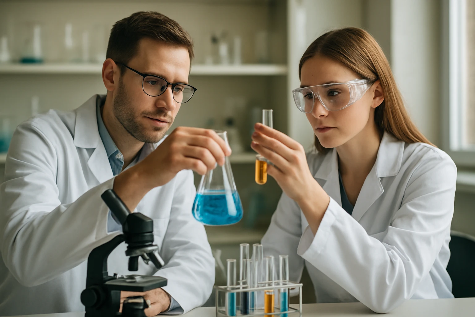 Két vegyész laboratóriumban elemez kémiai vegyületeket.