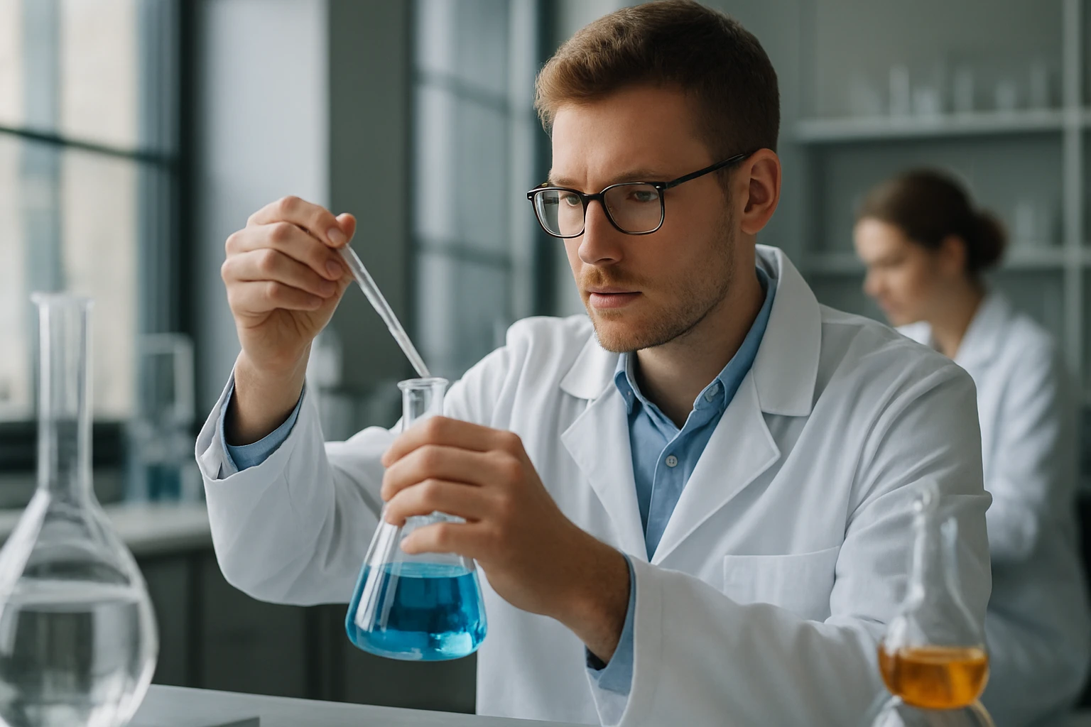 Laboratóriumi kísérlet közben álló tudós a propil funkciós csoport vizsgálatánál.