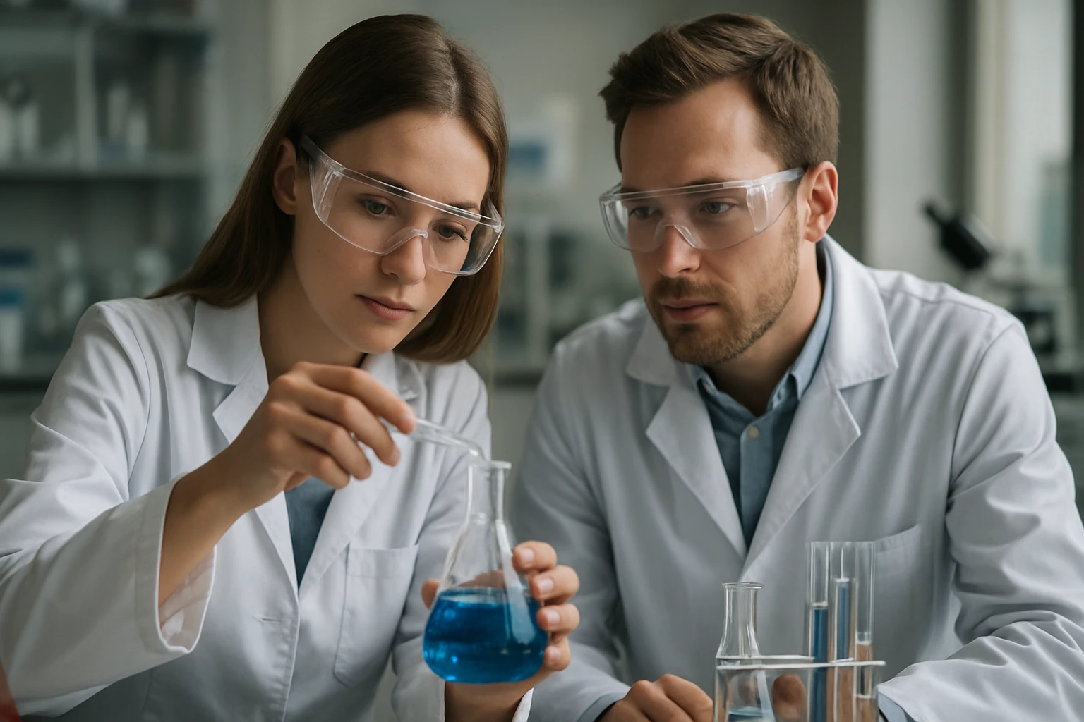 Két kutató laboratóriumban, kémiai kísérletet végeznek.