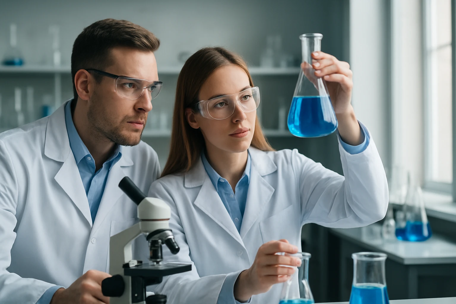 Két tudós laboratóriumban, kék folyadékot vizsgálva.