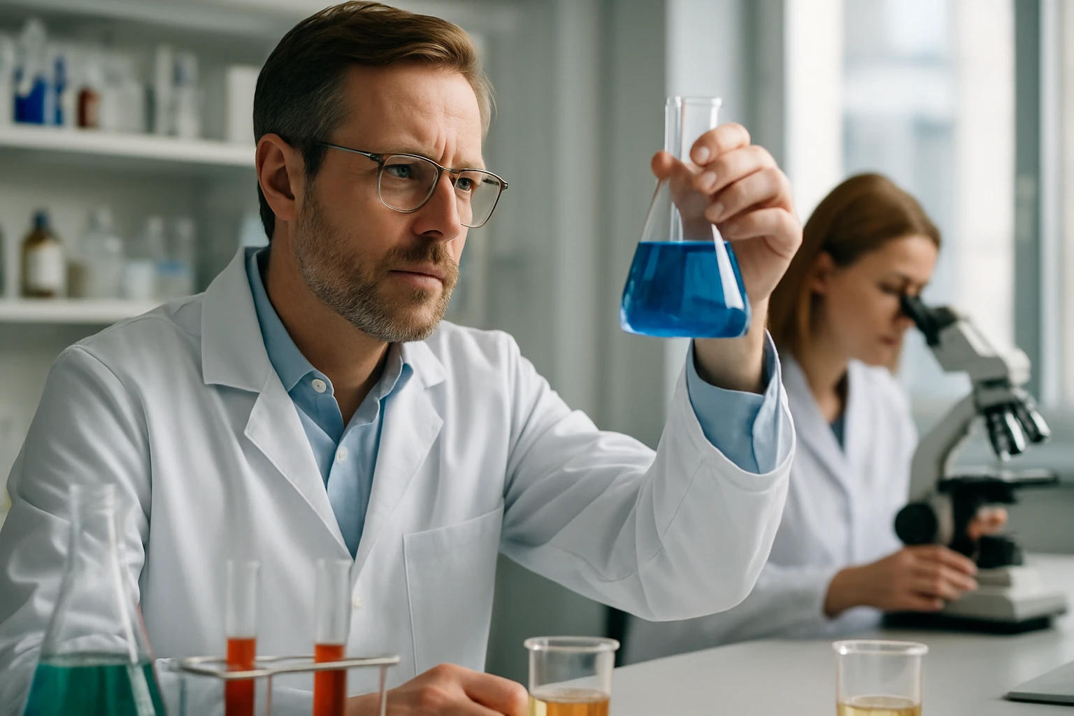 Kémikus laboratóriumban radioaktív kén vizsgálata