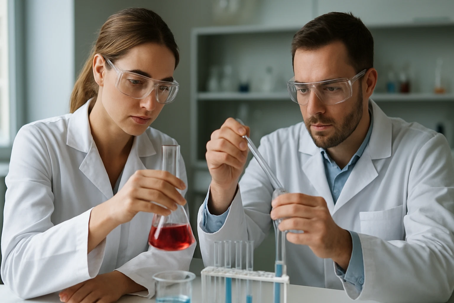 Két szakember kémiai kísérletet végez laboratóriumban.