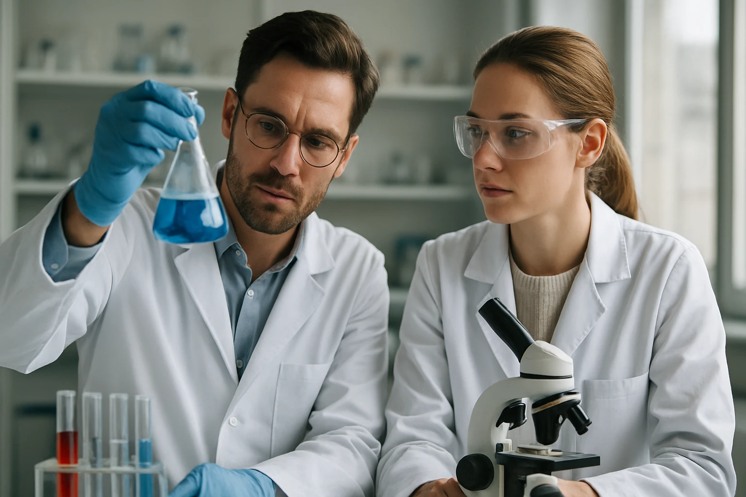 Két kutató laboratóriumban kémiai elemzést végez