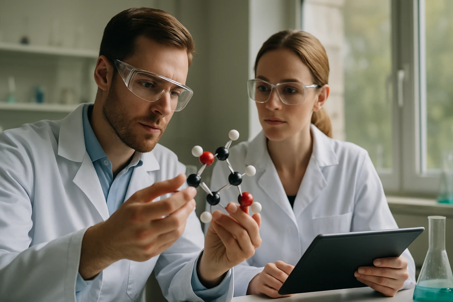 Két tudós ragasztók polimereit bemutató kísérleti munka közben.