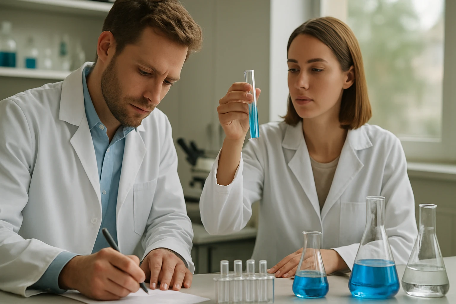 Két tudós laboratóriumban analízis közben kémcsövekkel és kémiai anyagokkal.