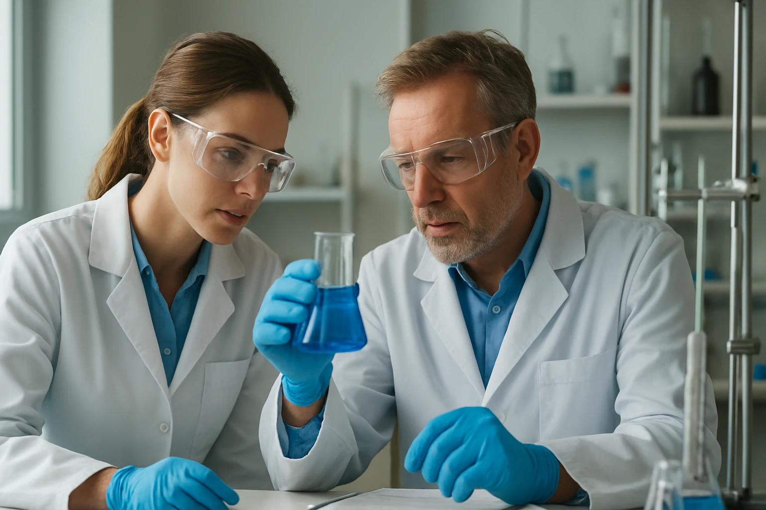 Két kutató egy kémcsőben lévő kék folyadékot vizsgál.