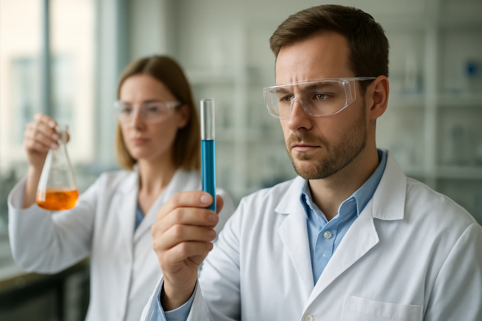 Tudósok kémiai vizsgálatot végeznek reaktív színezékekkel.