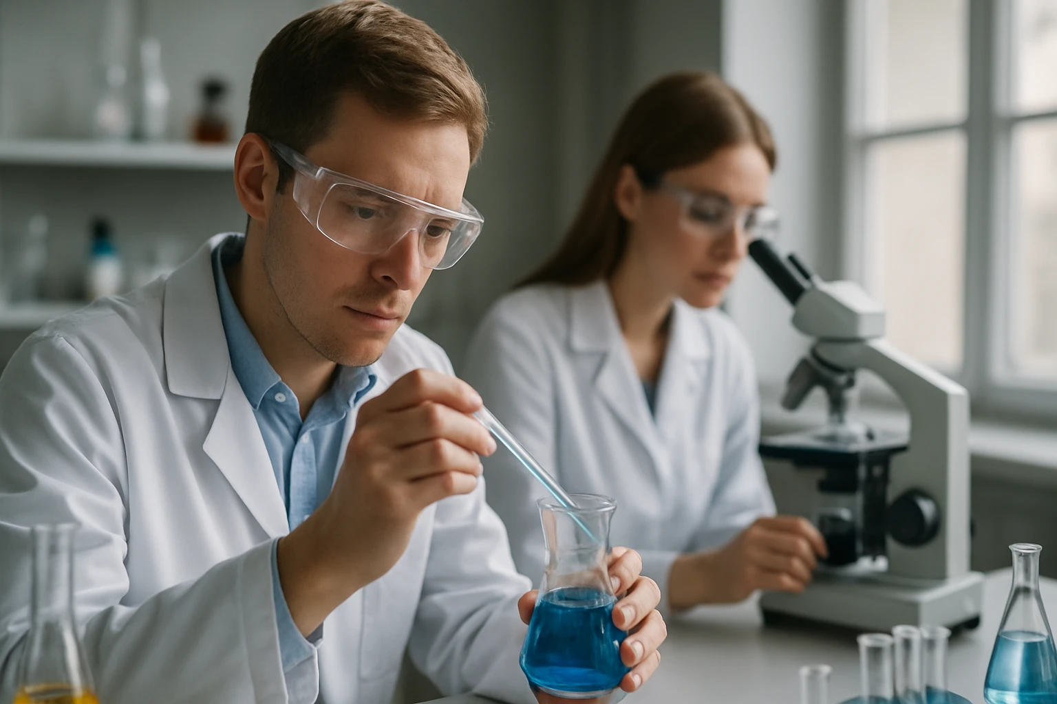 Két tudós laboratóriumban kémiai reakciót végeznek kék folyadékkal.