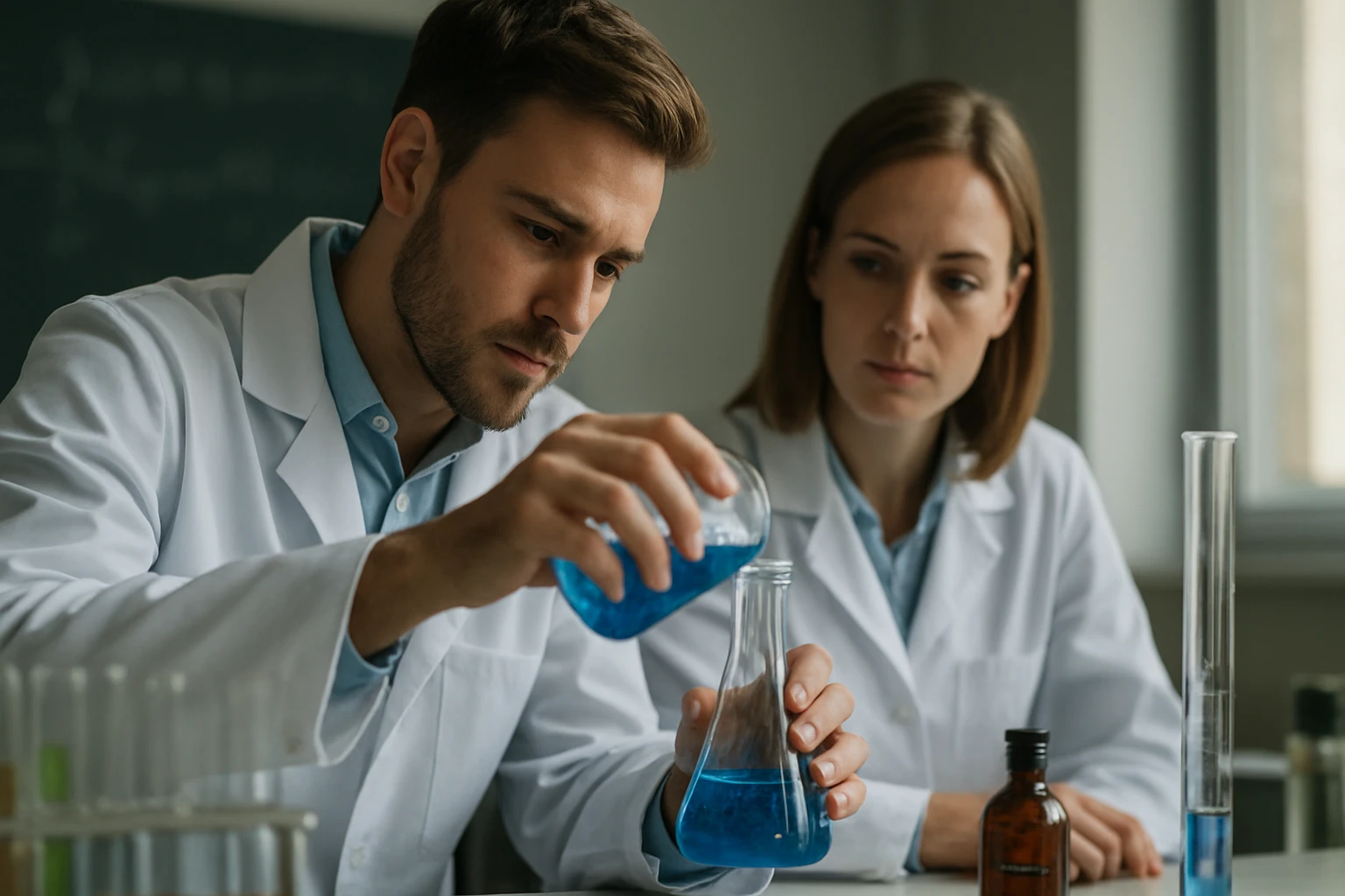 Két tudós laboratóriumban kémiai reakciót végez, redukáló szert használnak.