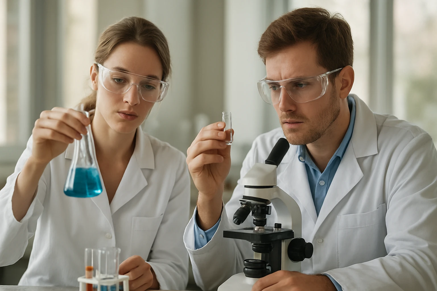 Két kutató grafén-oxid előállítással kapcsolatos kísérletet végez