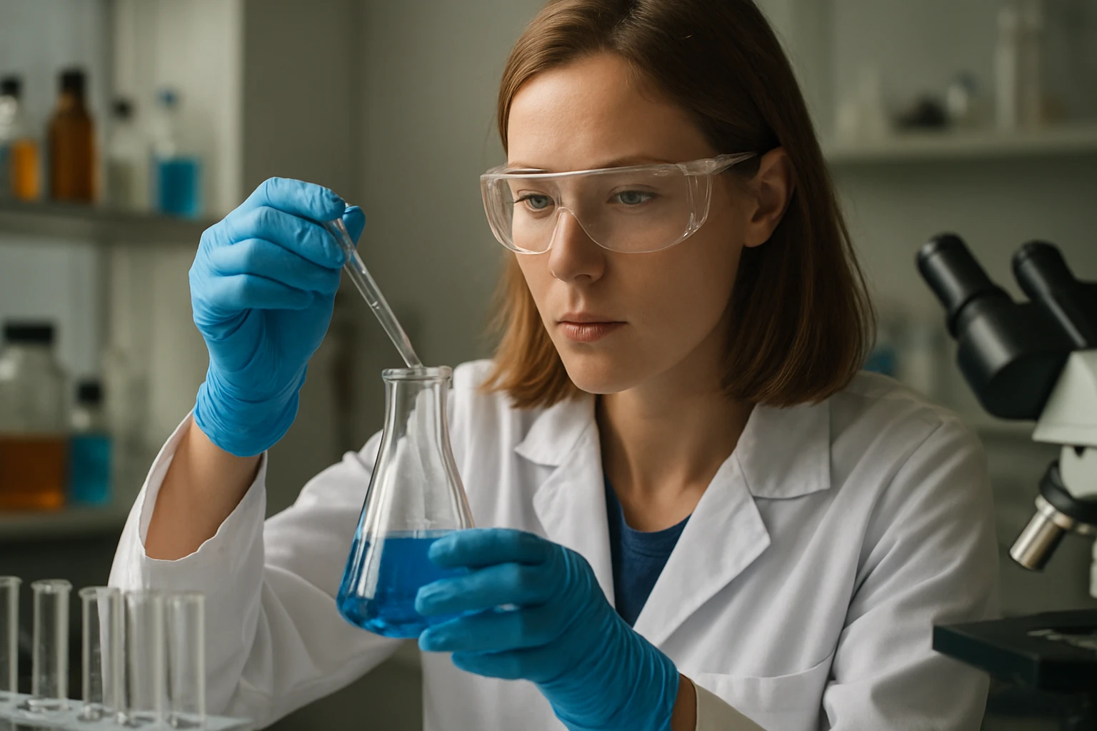 Női kutató laboratóriumban reduktometriai mérést végez