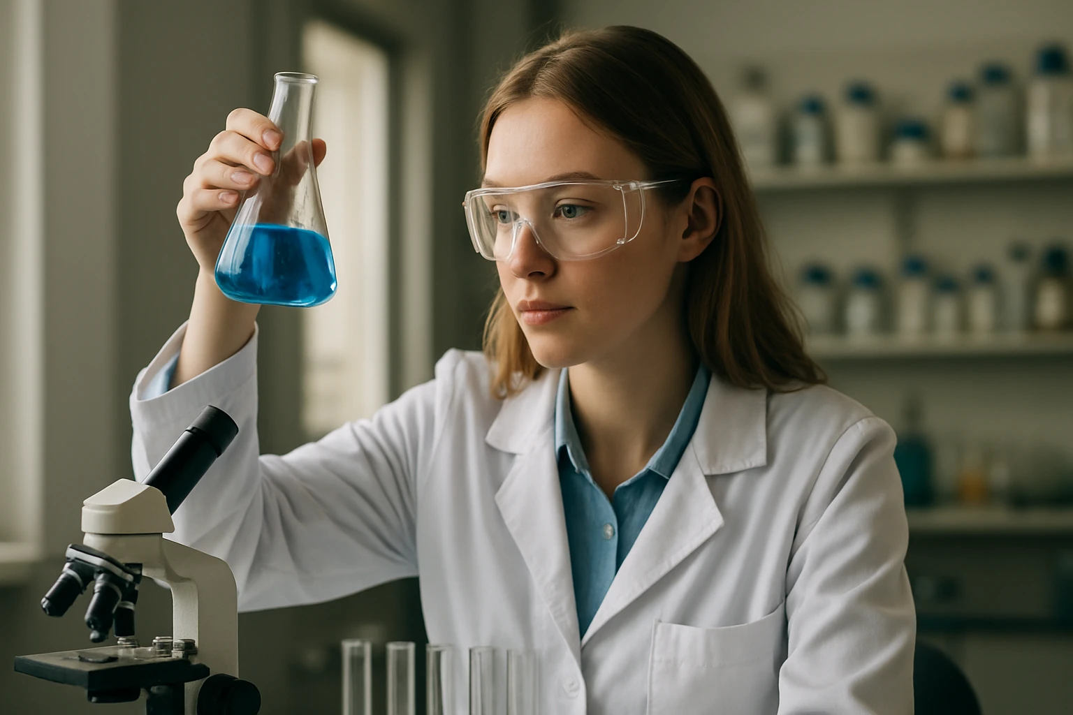 Laboratóriumi kísérlet során a rézamalgám tulajdonságait elemző női tudós.