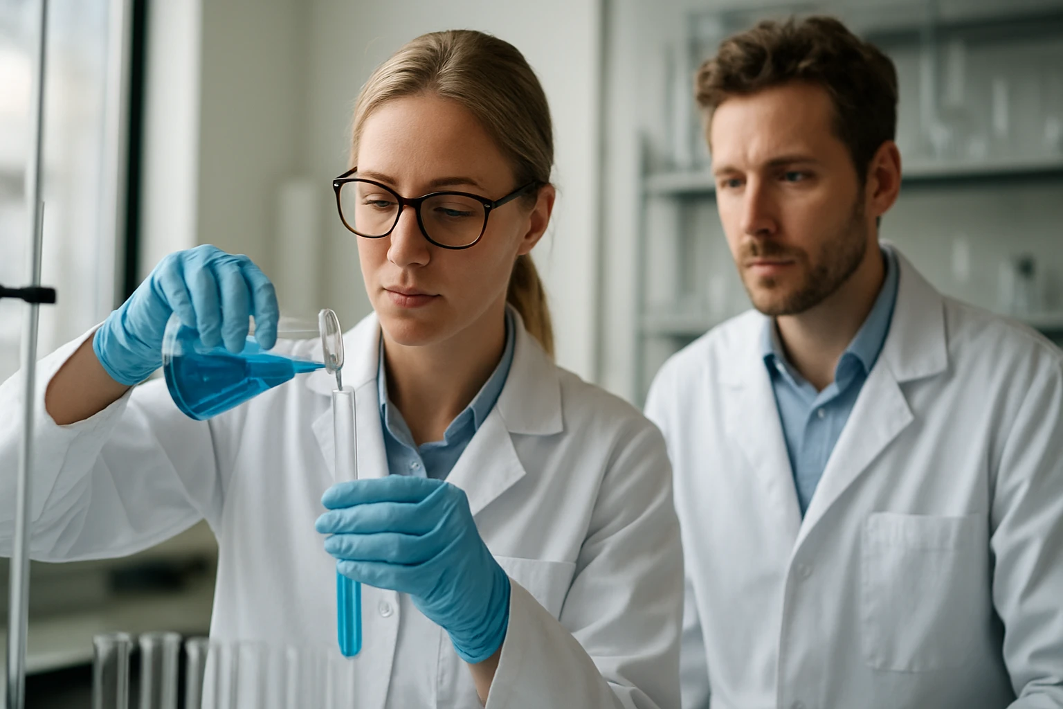 Kémiai kísérlet, laboratóriumi környezetben réz kapcsolódásával