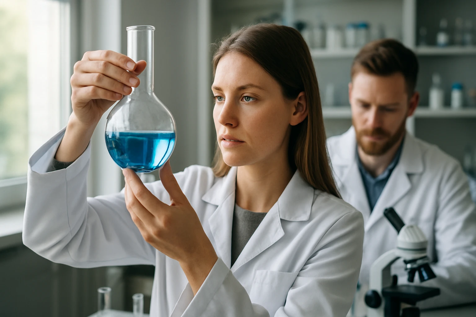 Kémikus laboratóriumban kék folyadékot vizsgál