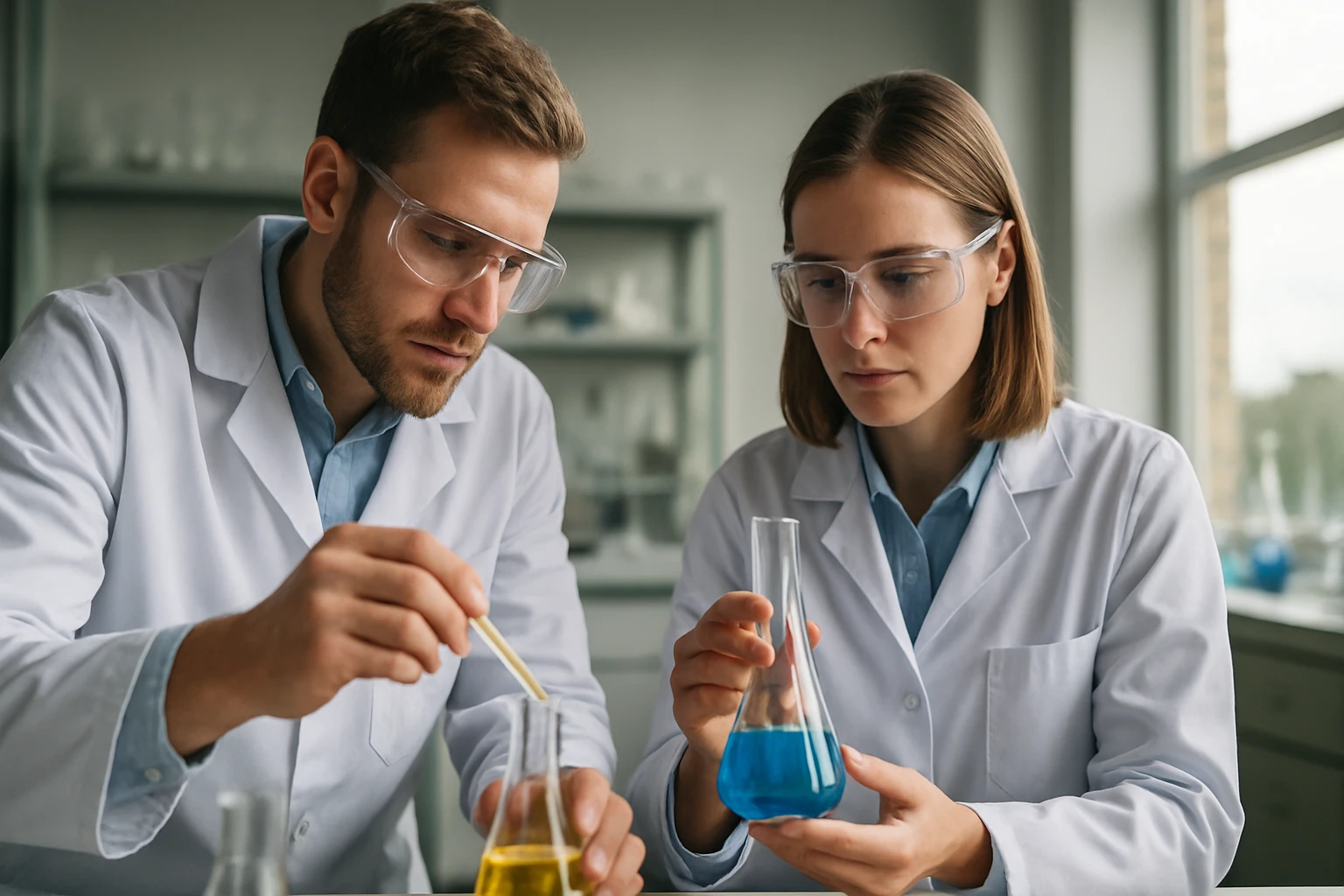 Kémikusok laboratóriumban folyékony anyagokkal dolgoznak.