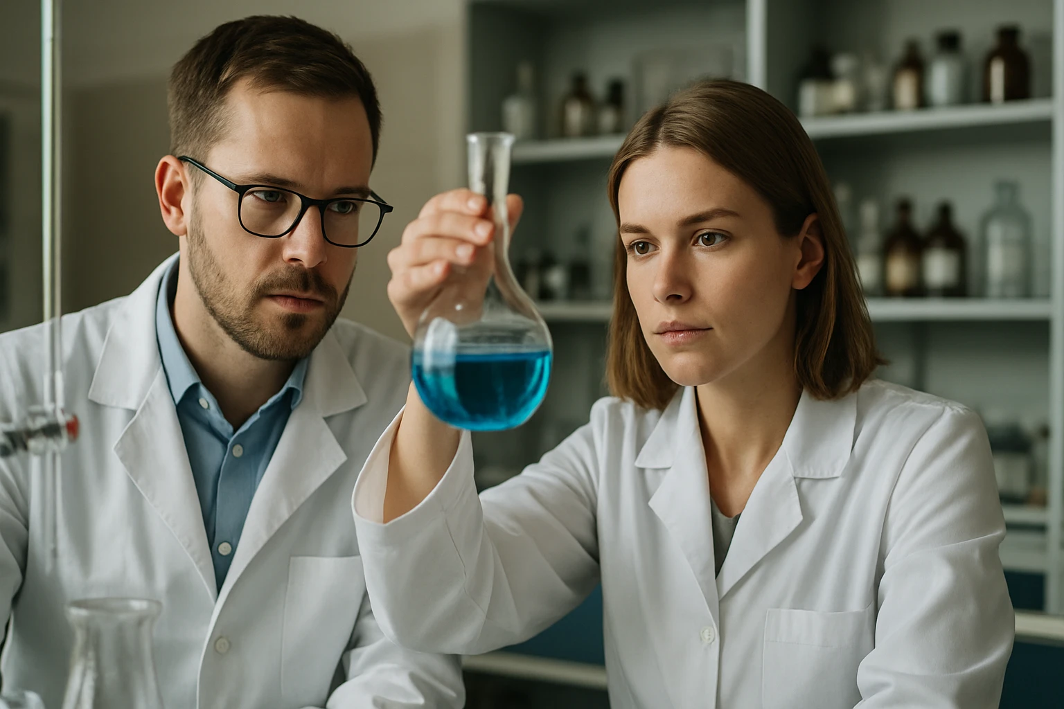 Két tudós laboratóriumban robbanóanyagok kémiai reakcióját vizsgálja.