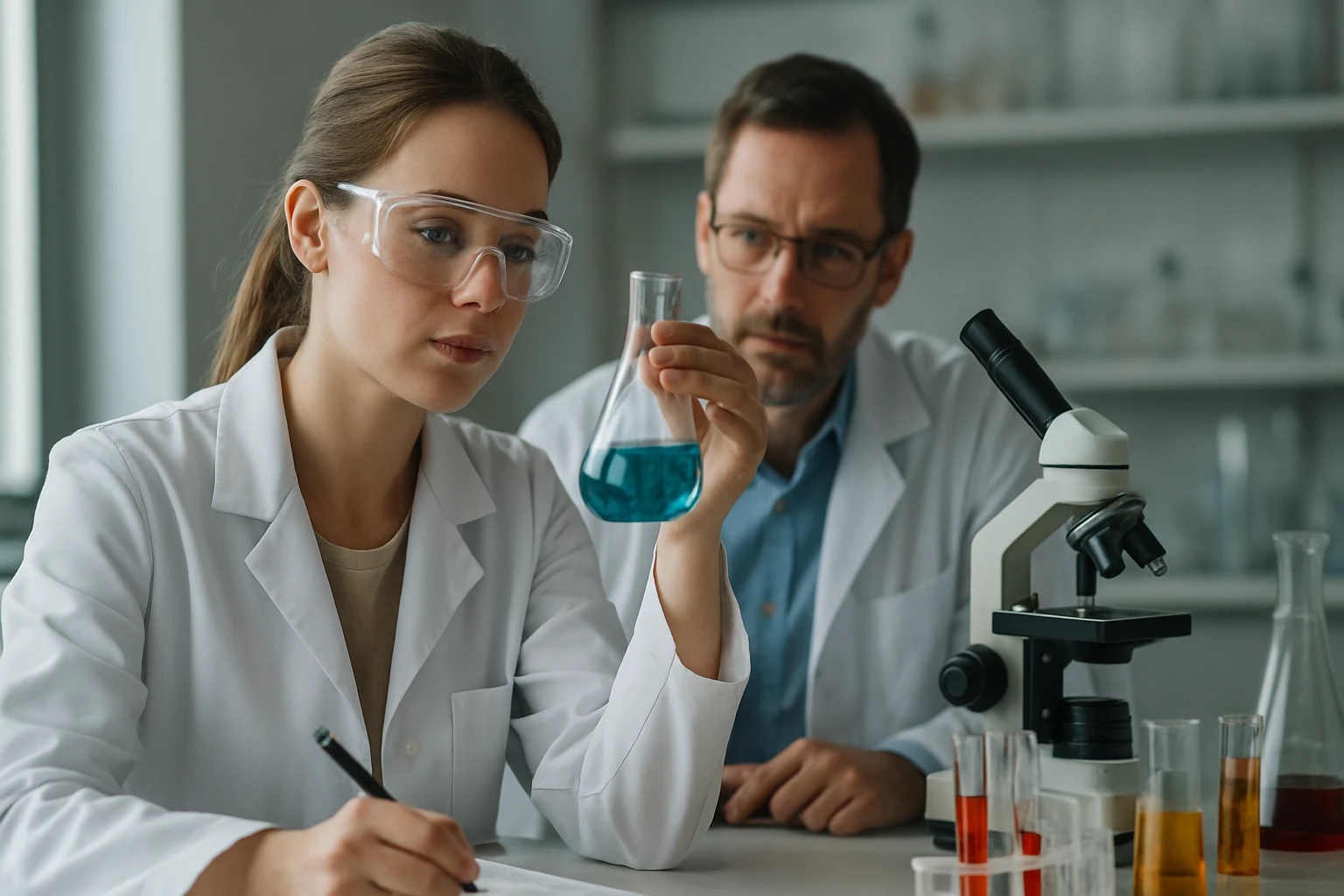 Két tudós laboratóriumban peptidszintézissel foglalkozik.