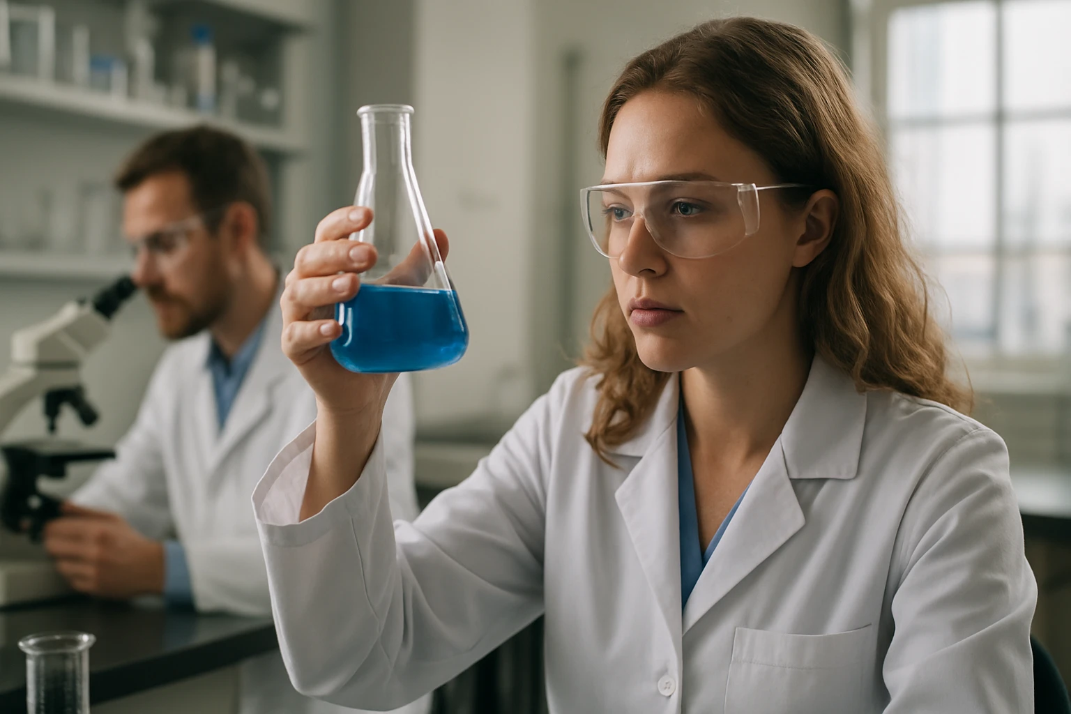 Kémikus, aki kék oldatot vizsgál laboratóriumban