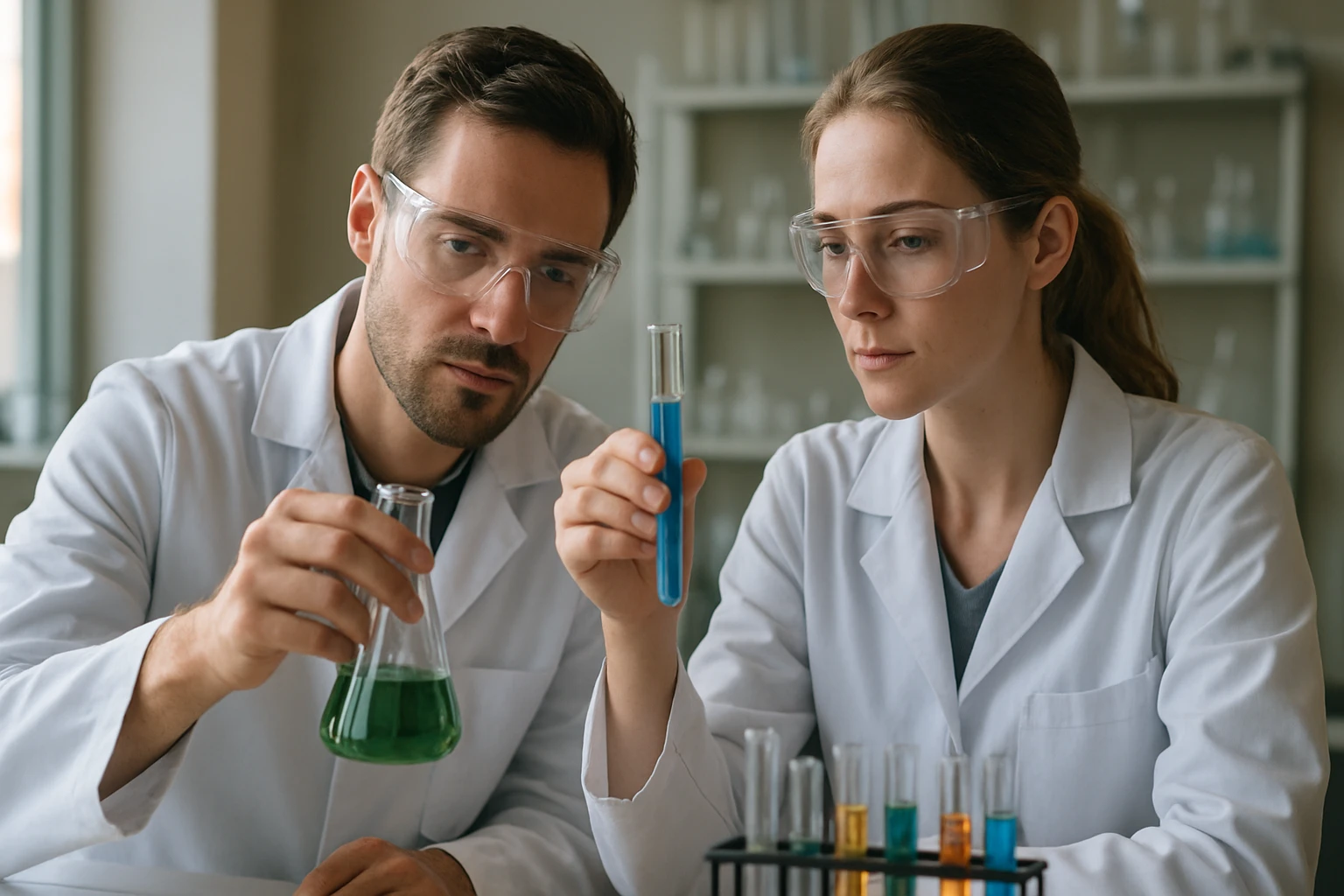 Két tudós laboratóriumban vizsgálja a kémiai reakciókat.