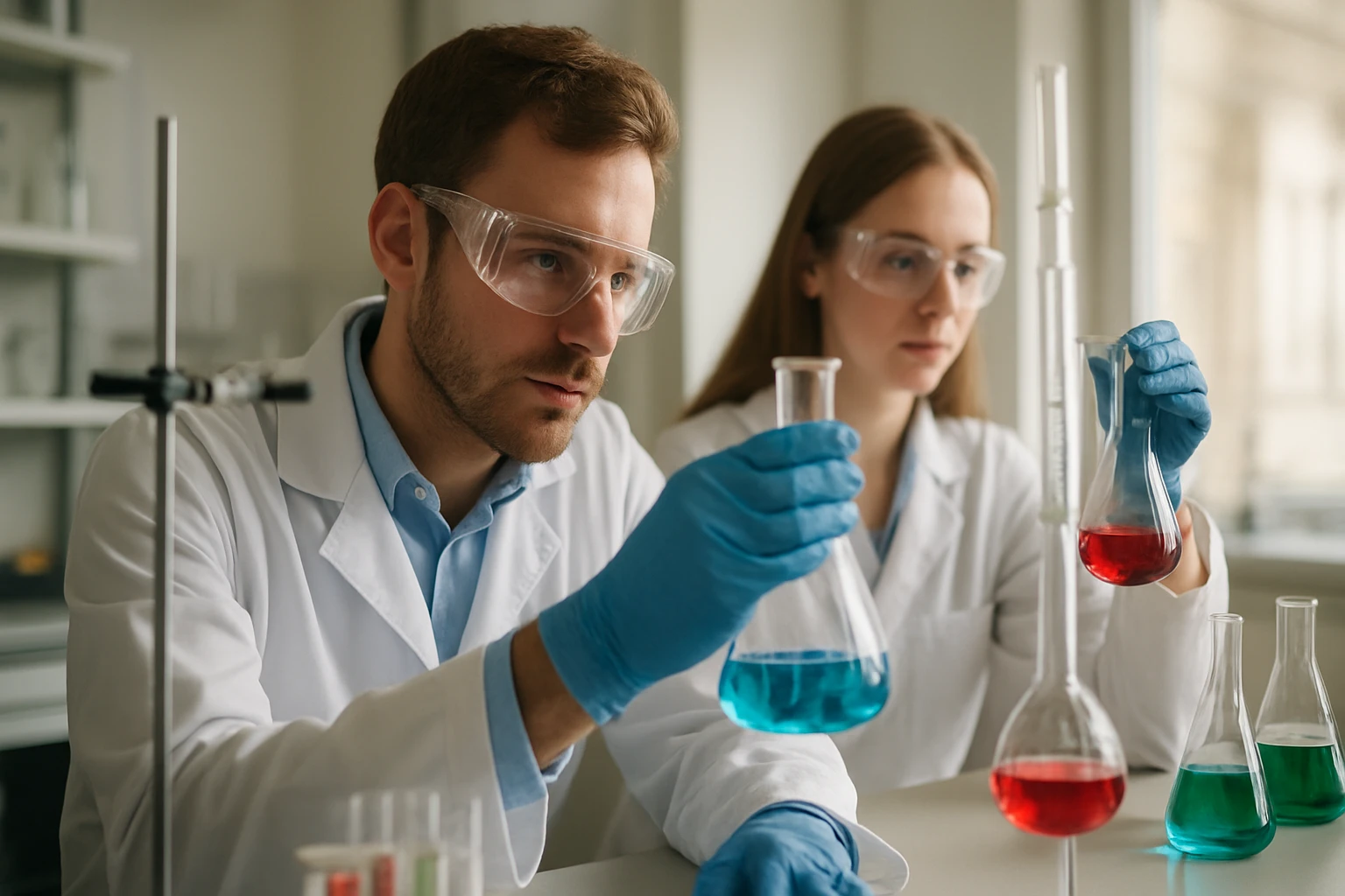 Két kutató laboratóriumban, különböző kolorált folyadékokat vizsgálva.