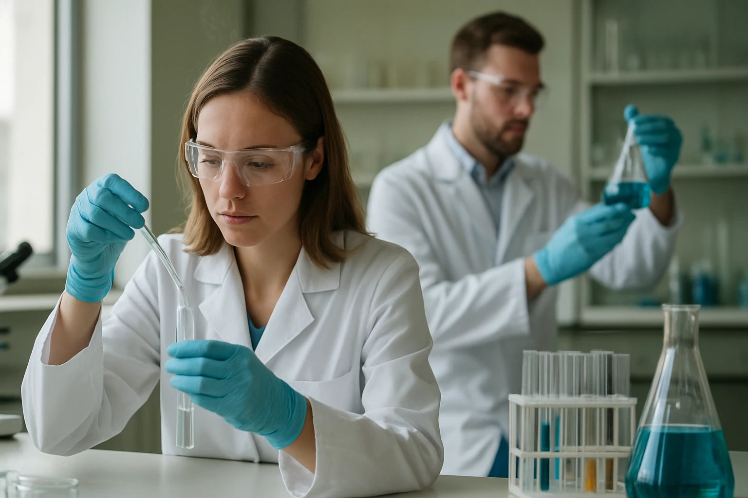 Kémiai laboratóriumi munka: kutatók rubin pigmenttel foglalkoznak.