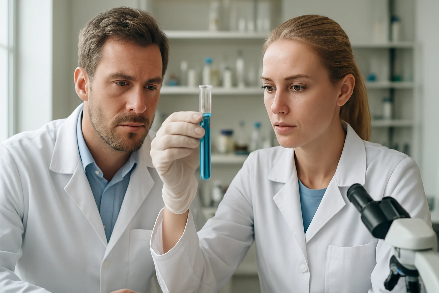 Két kémikus laboratóriumban rutenium vizsgálatát végzi