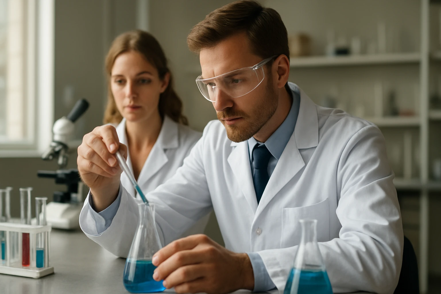 Két kutató laboratóriumban kémiai kísérleteket végez