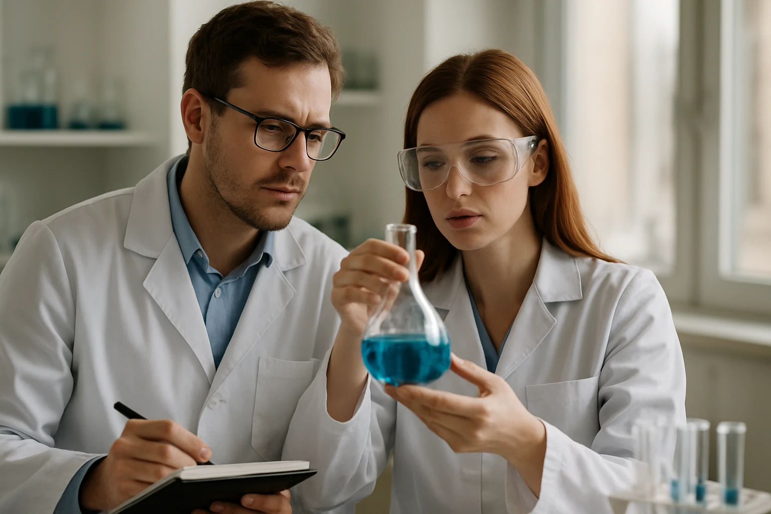 Két tudós laboratóriumban, rutil kémiai anyaggal dolgoznak.