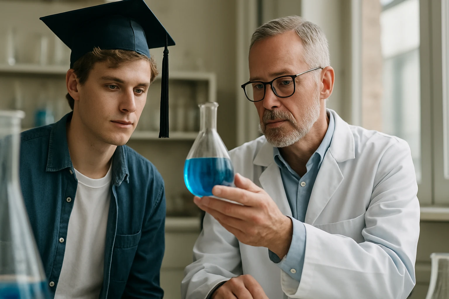 Két kutató a kémiai kísérletek során, kék folyadék egy lombikban.