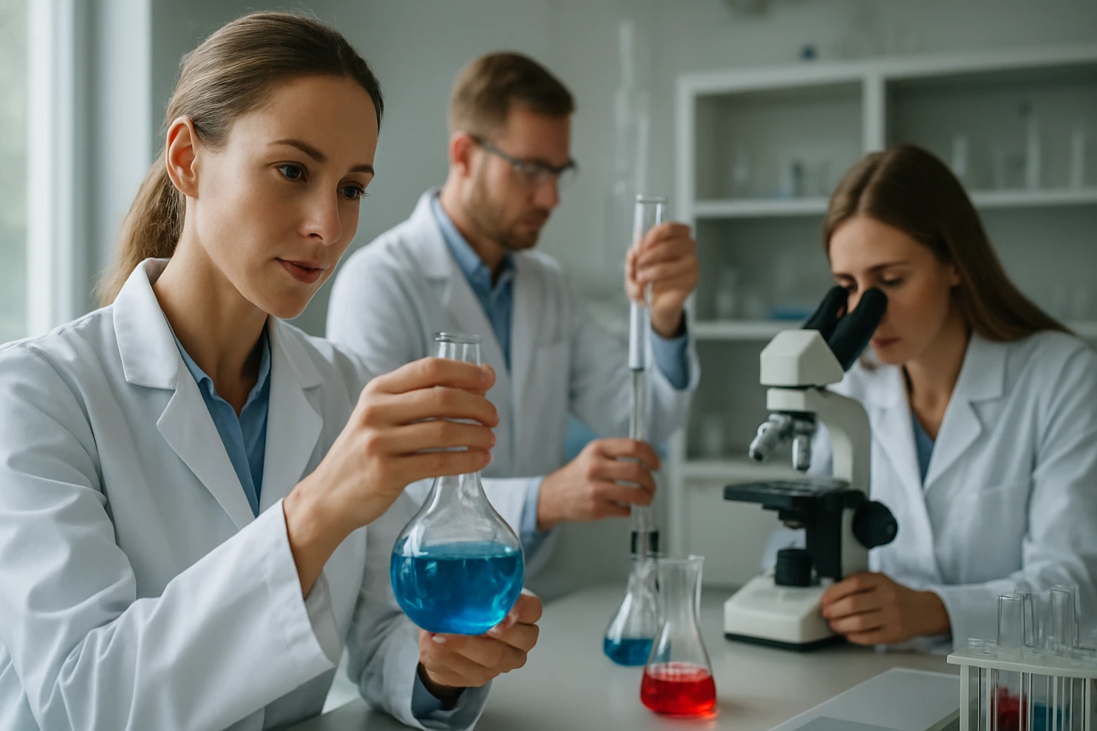 Kutatók laboratóriumban a Sabatier-Senderens eljárás kémiai reakcióján dolgoznak.