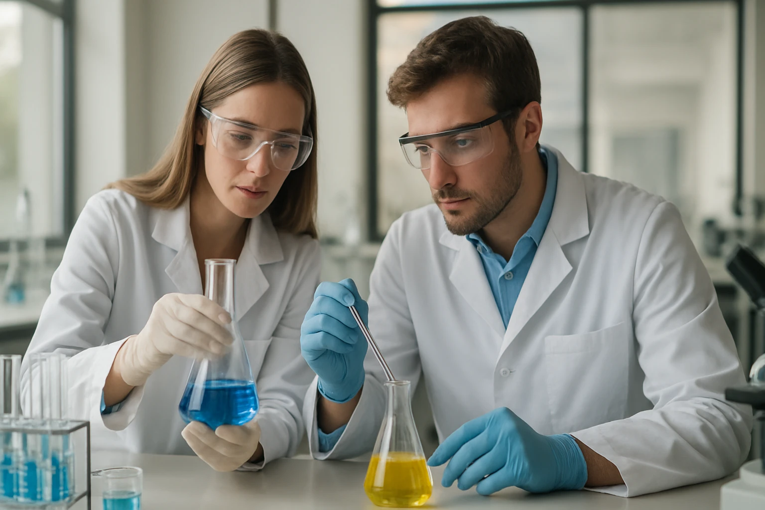 Két kémikus laboratóriumban, salétromsavval végzett kísérlet közben.