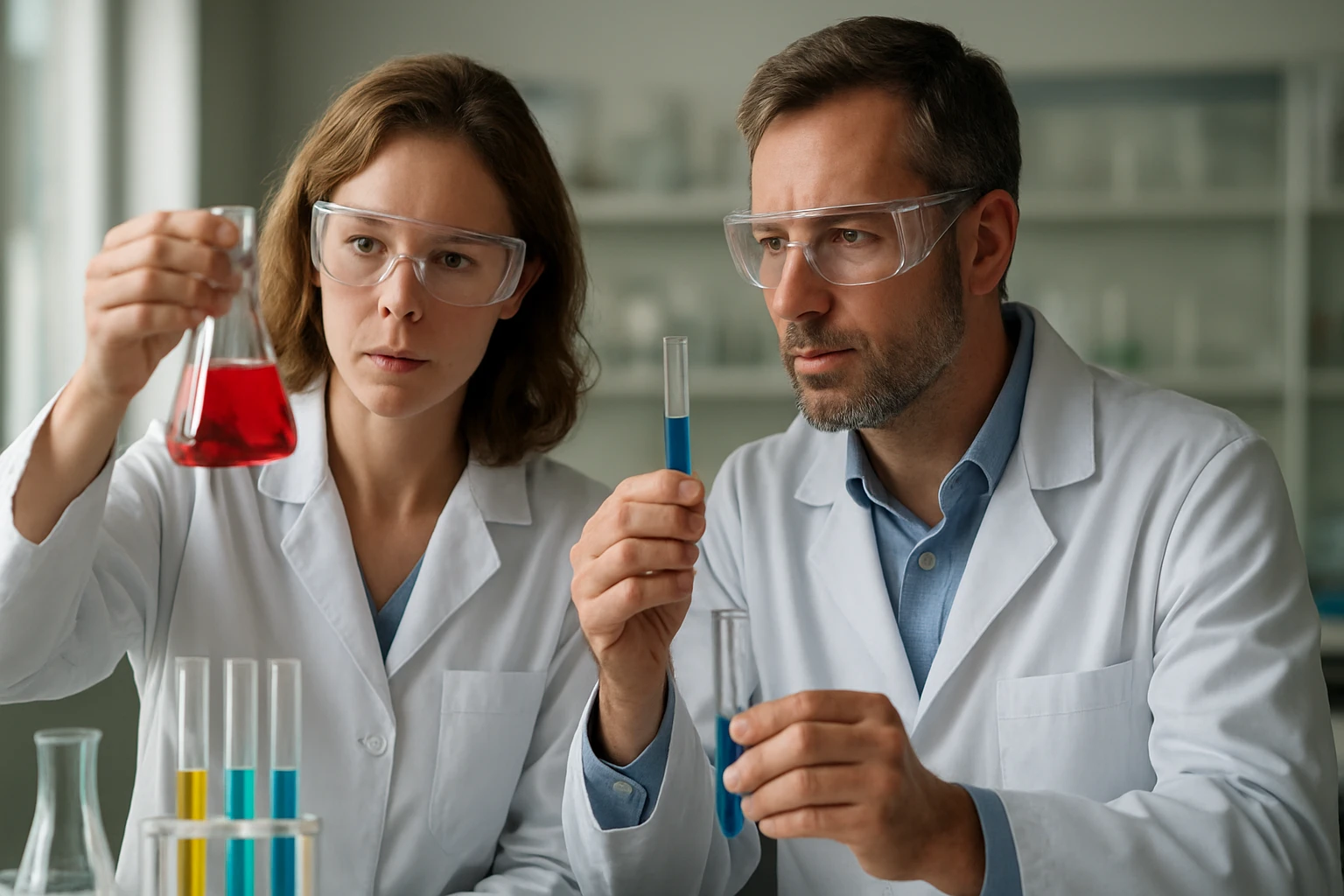 Két vegyész laboratóriumban kémiai kísérletet végez