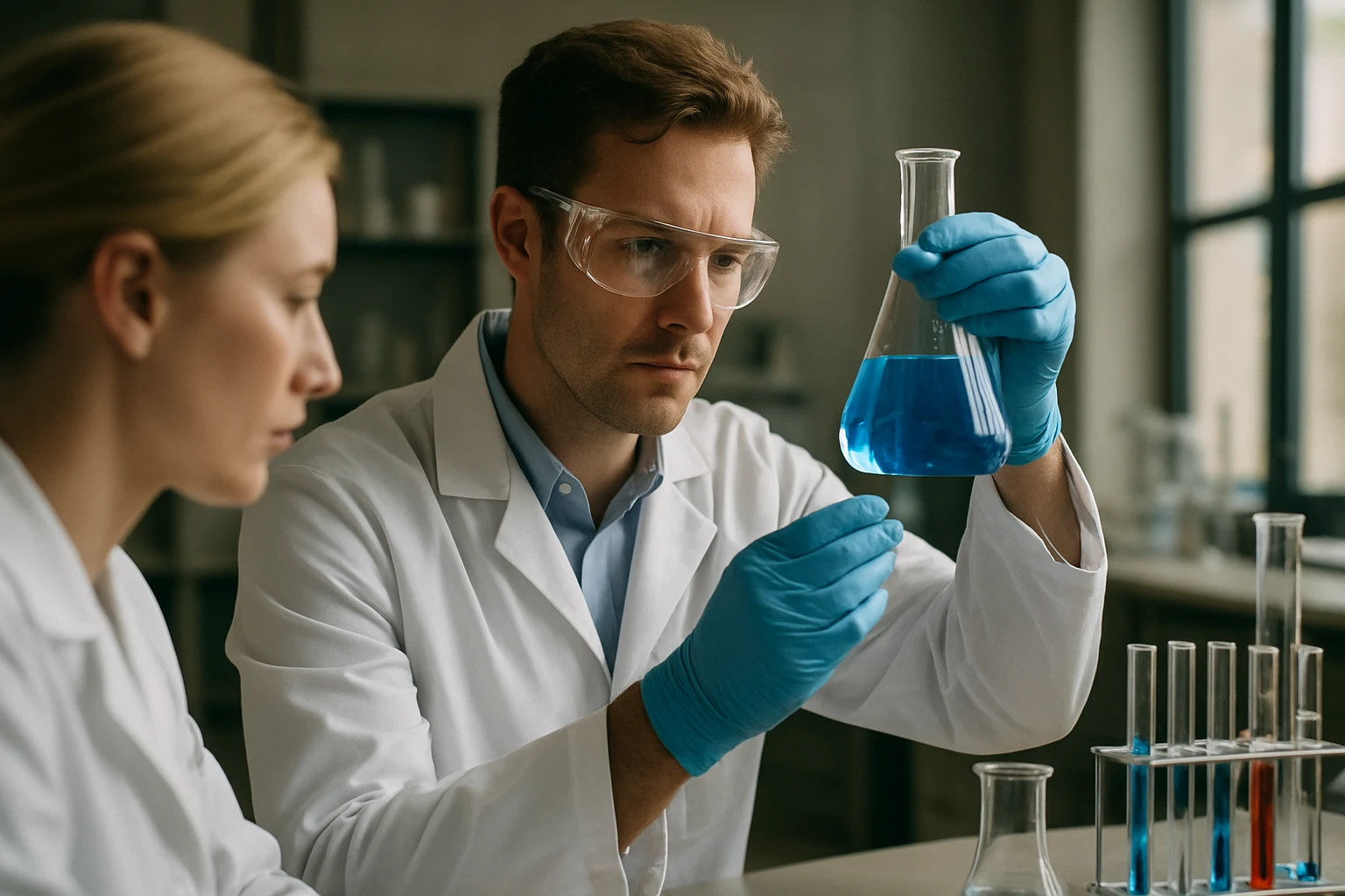 Két tudós laboratóriumban savszabályozókat vizsgál.