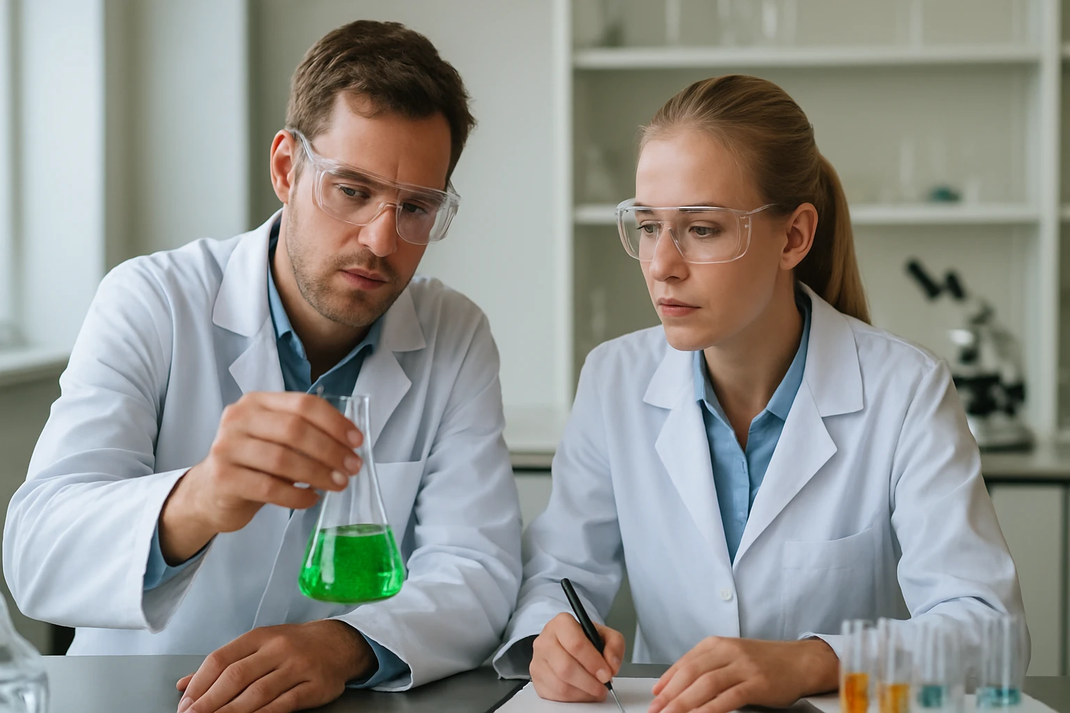 Két kémikus zöld oldatot vizsgál a laboratóriumban.