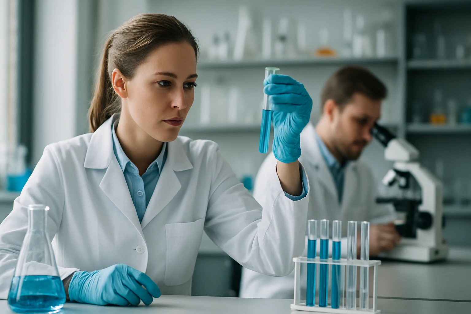 Kémikus kémiai reakció történését figyeli laboratóriumban.