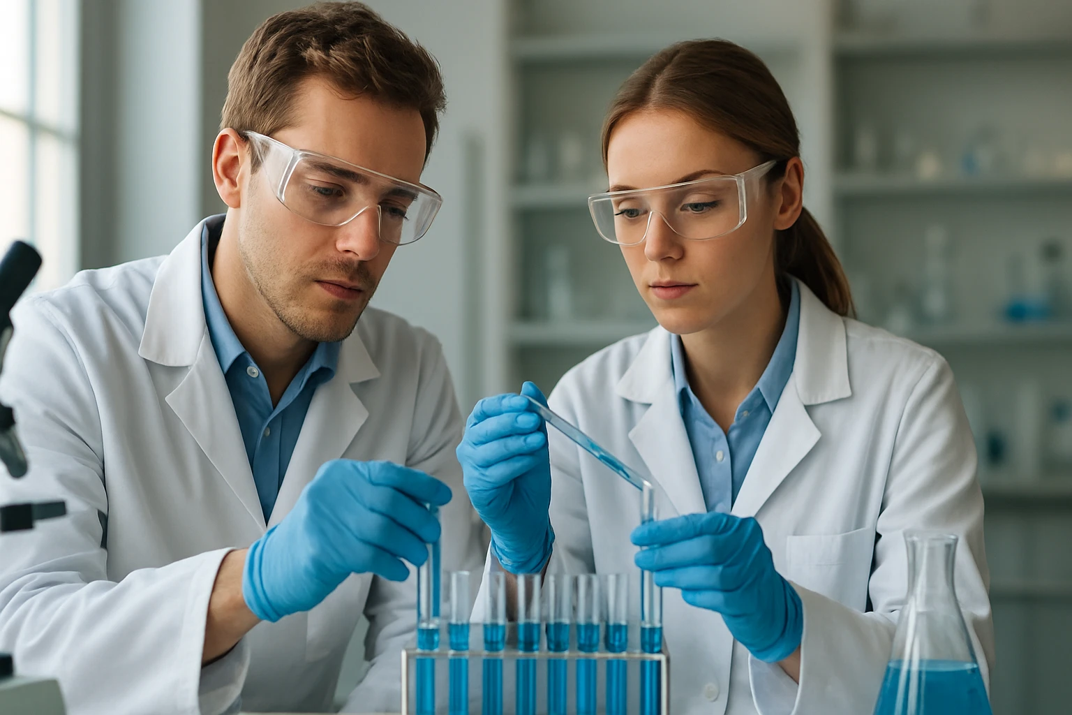 Kémikusok laborban savas ólomakkumulátor vizsgálat közben