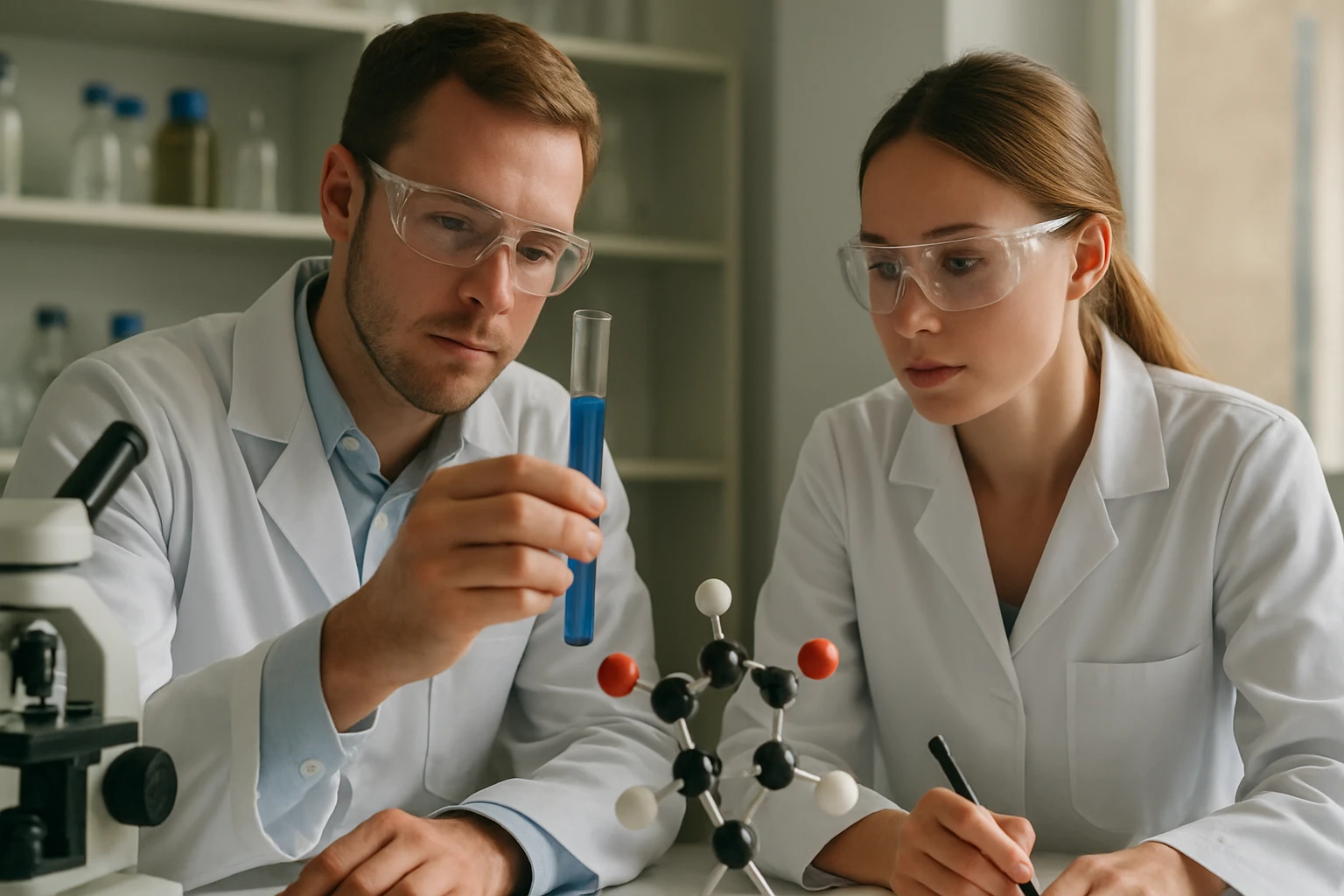 Kémikusok savas tisztítószerekkel végzett laboratóriumi munka