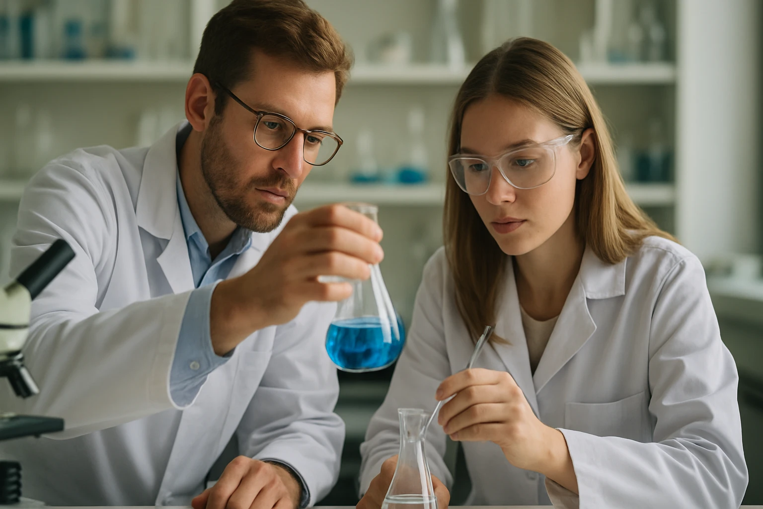 Két kémikus laboratóriumban savi disszociációt vizsgálva